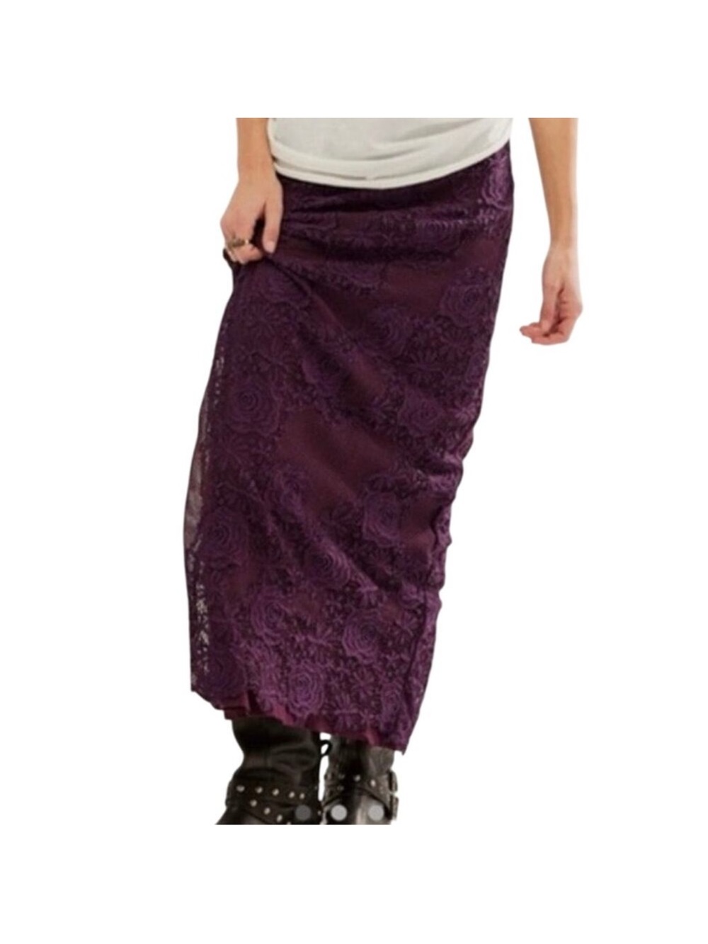 FREE PEOPLE Embrace Dark Plum Purple Lace Maxi Column Skirt Dark Fairy - Sz XS